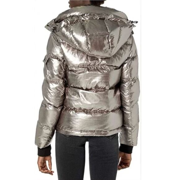S13 Women Kylie Metallic Down Filled Coat Small Silver Gray Hooded Winter Jacket - Picture 3 of 14